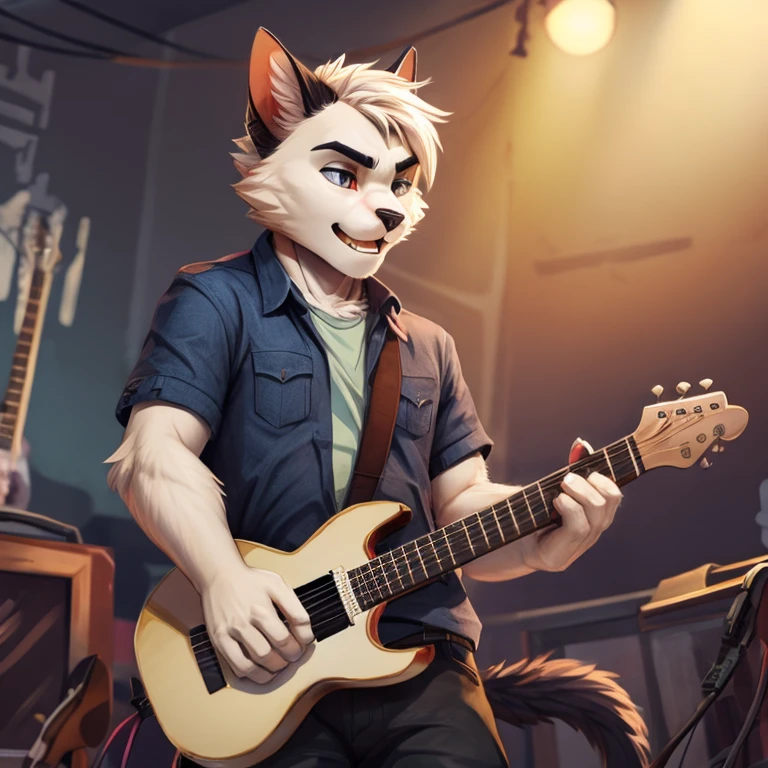 A cat character in human form、Illustration of a man playing guitar