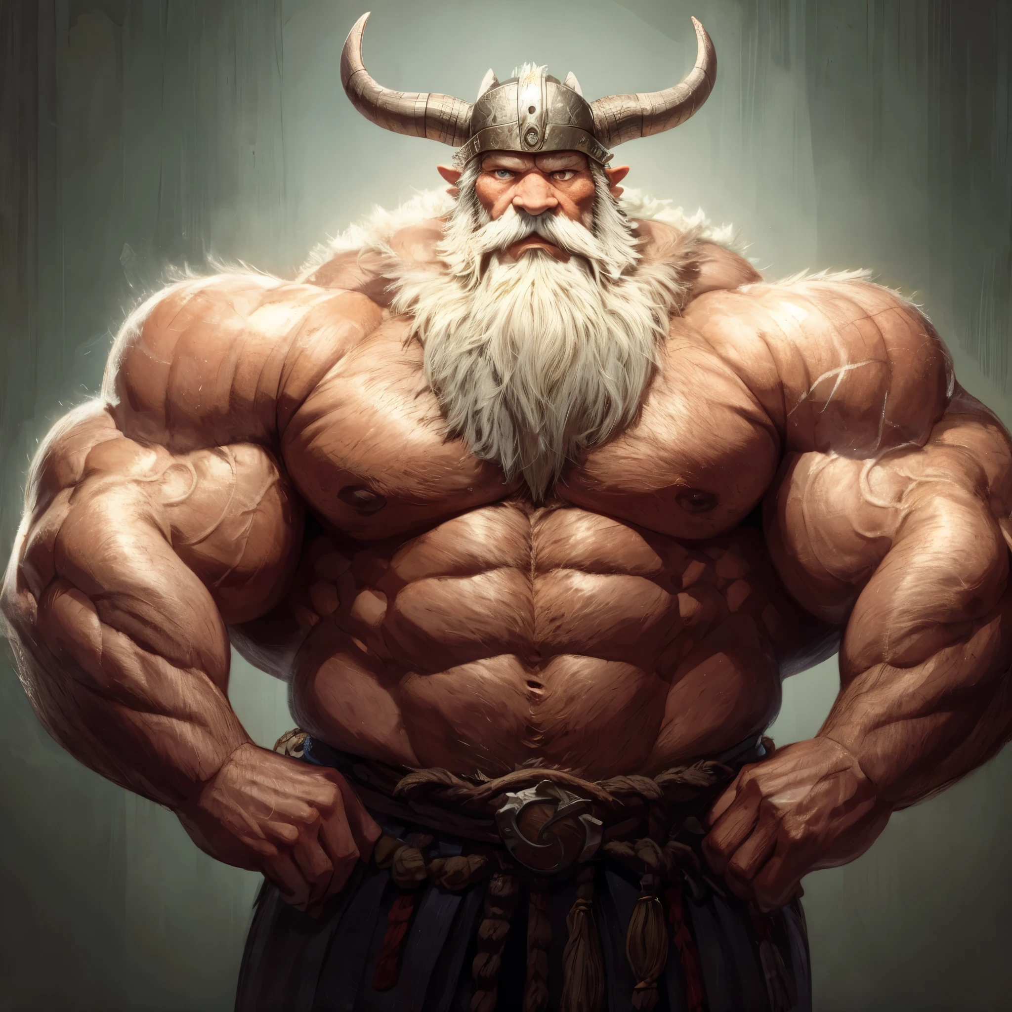 huge muscular samurai, old man, Viking, horned helmet