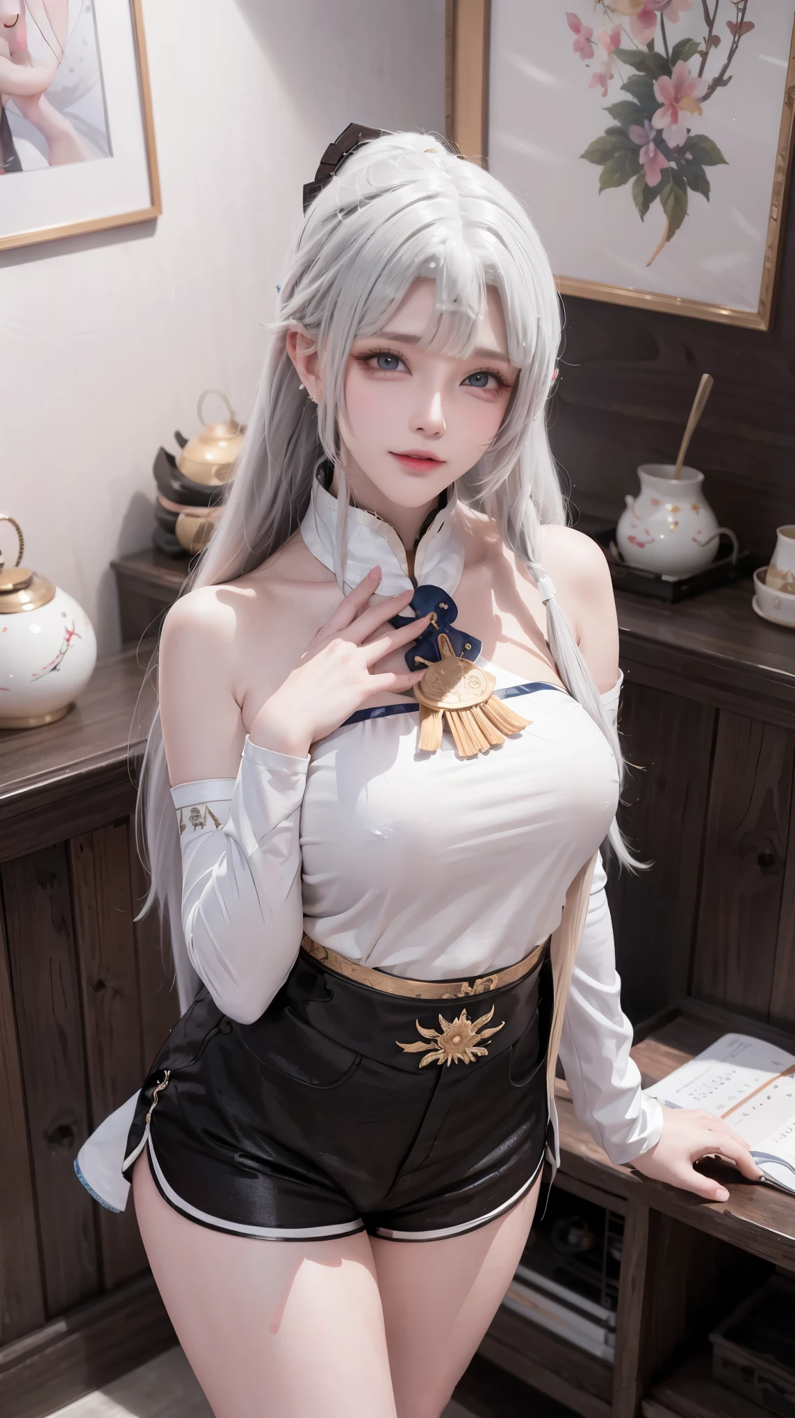 a white hair、Close-up of woman wearing white mask, Beautiful character painting, guweiz, Gurwitz-style artwork, White-haired god, author:Yang Jie, Epic and beautiful character art, Stunning character art, author:Fan Qi, by Wuzhun Shifan, pixiv art street guweiz, Single ponytail, insult, High Ponytail, tall and big, Long legs, (Sleeveless lace shirt), (shorts), (Striped )), ((Striped )), Walk, elegant, dignified, woman, Beautiful curves, sweet smile, Strong sense of detail and layering, color丰富绚丽, Has a unique texture, Colorful, color, vivid, design art, 16K, Ultra Detailed, {{illustration}}, {Extremely refined}, {Exquisite surface treatment}, Ultra Detailed, Delicate and shining eyes, {{Movie Lighting}}, Extreme lighting effects, Model: realism, CFG size: 12, Laura: Bright texture (1.35), high quality, masterpiece, Exquisite facial features, Delicate hair depiction, Detailed depiction of the eyes, masterpiece, best quality, Ray Tracing, Extremely detailed CG unified 8k wallpaper, masterpiece, best quality, (1 girl), 完美woman身材, (((tight white t shirt))), beautiful eyes, (Delicate face), Black short hair, Tie your hair up, Light blue hairpin, Black Silk Frame Glasses, In class, (White skin), (Optimal lighting), (Super intricate details), 4k unity, (Ultra Detailed CG), Showing off her white legs, , Hot Pants, shorts,