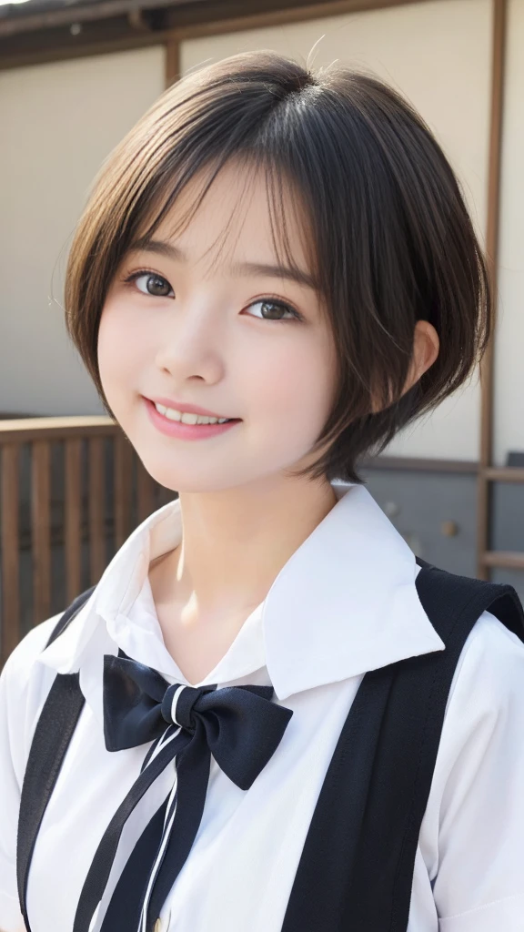 (best quality,4k,8k,highres,masterpiece:1.5),ultra-detailed,(realistic,photorealistic,photo-realistic:1.37) portrait,(baby face Japanese girl,Incredibly Ultra Slim body:2.0),(cute breasts:1.25),(Close-up of her eyes:2.0),(striking features,ultra-cute and idol-like big smile:1.5),(distinctly expressive ultra beautiful eyes:2.0),beautifully shaped eyebrows,captivating gaze,delicately curved pale pink lips,pink lips,natural rosy cheeks,vibrant charm,flawless and fair skin,subtle shading,realistic rendering,(She is wearing a summer junior high school uniform:1.5),(White shirt:1.5),(black hair:1.5),(ultra-short hair:1.5),gently swaying,golden rays of sunlight gently illuminating the scene,elegant and graceful posture,creating a tranquil and serene atmosphere,ecstasy and orgasm with an erotic smile on her face, classroom