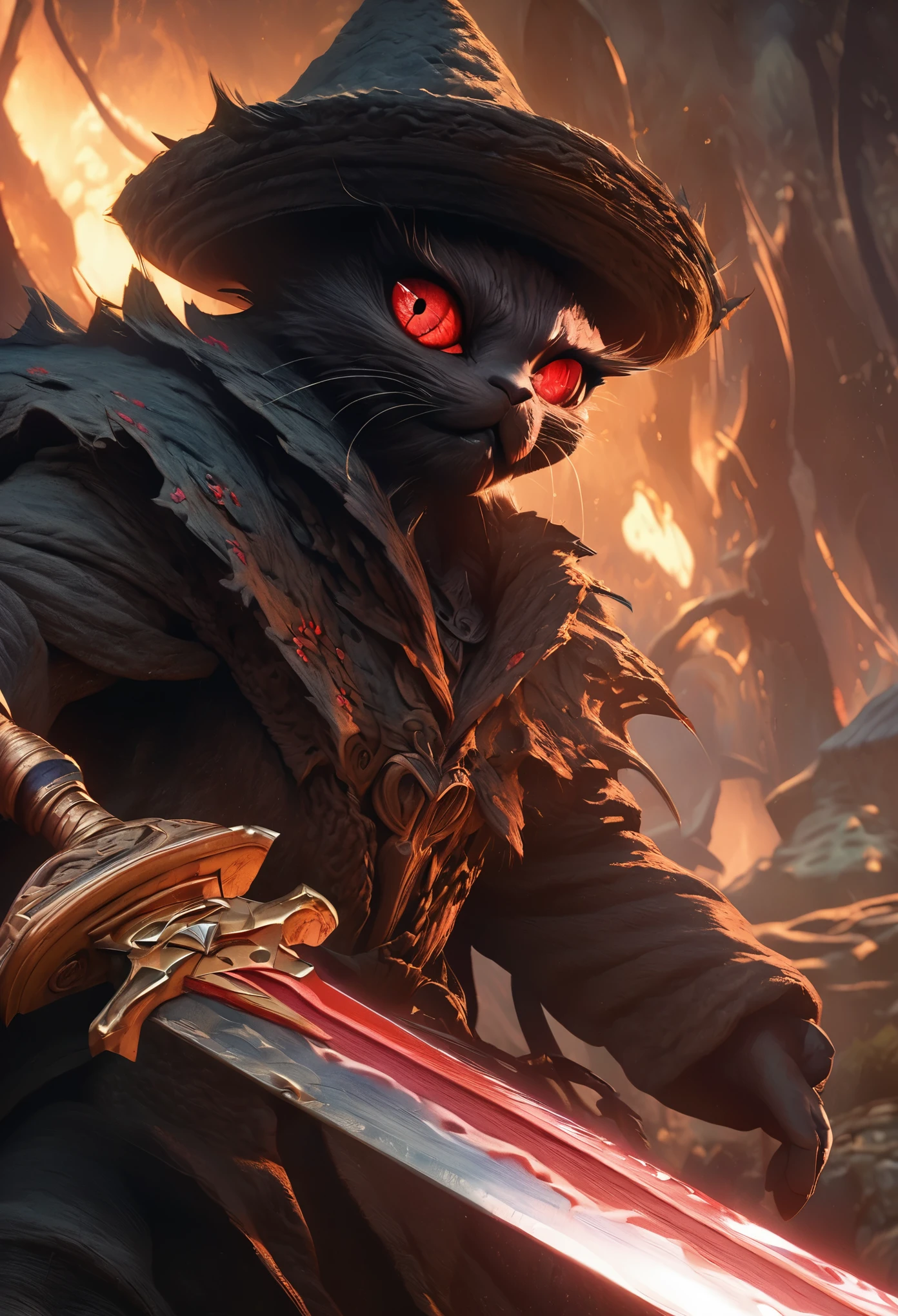 a black cat,Red eyes,wearing black hat,Wielding a long sword,(((Prepare to attack))),Pixar-style concept art, (role conception), fantasy art style,anime aesthetics, Realistic lighting depiction, intense close-up, saturated color ， （（（masterpiece）））， （（best quality））， （（intricate details））， （（Surreal））（8K）
