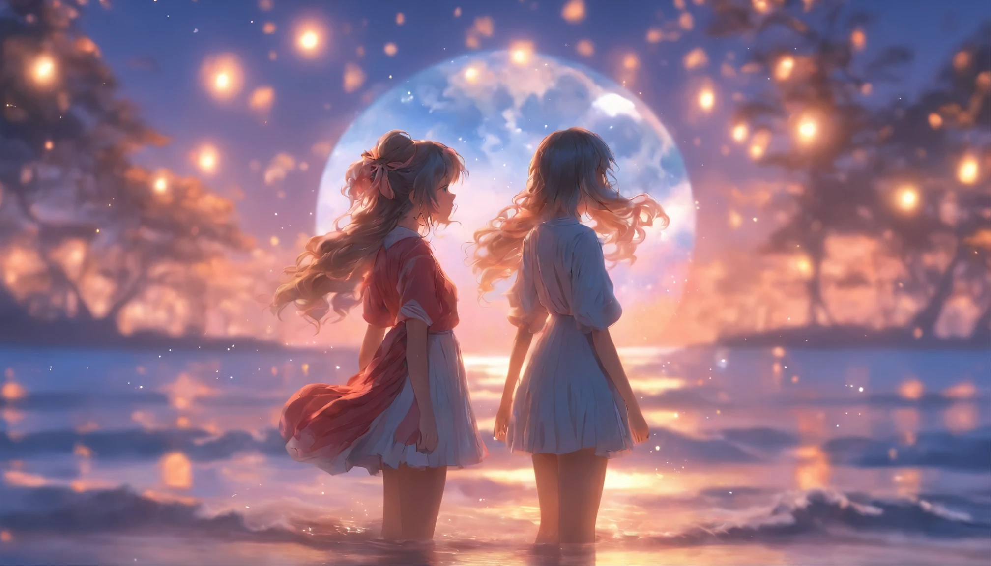 Illustration of a girl holding the moon and gazing at the sea, have a fantastical, dreamlike quality, Mori style, exposed for a long time, Calm face, How to use romantic light, Bright Water, Transcendental art as style. (highest quality,4K,8k,High resolution,masterpiece:1.2),Very detailed,(Realistic,photoRealistic,photo-Realistic:1.37),High resolution,超High resolution,Studio Lighting,Ultra-fine painting,Sharp focus,Physically Based Rendering,Very detailed説明,Professional,Vibrant colors,Bokeh,Portraiture,landscape,anime,Science fiction,photograph,Concept Artist,soft and dreamy colors,Romantic lighting