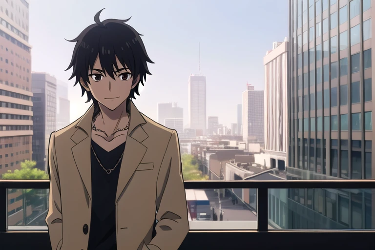 curtained hair, black hair, tsurime, smiley, male, brown eyes, jaqueta preta, camisa preta, neck chain, alone, city