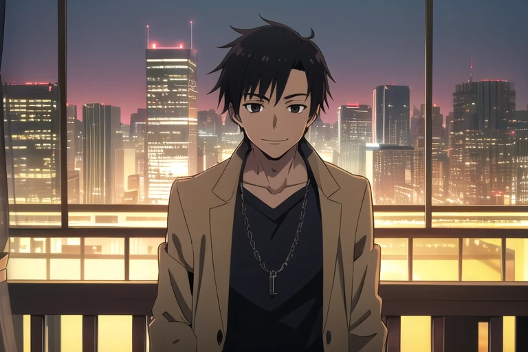 curtained hair, black hair, tsurime, smiley, male, brown eyes, jaqueta preta, camisa preta, neck chain, alone, city