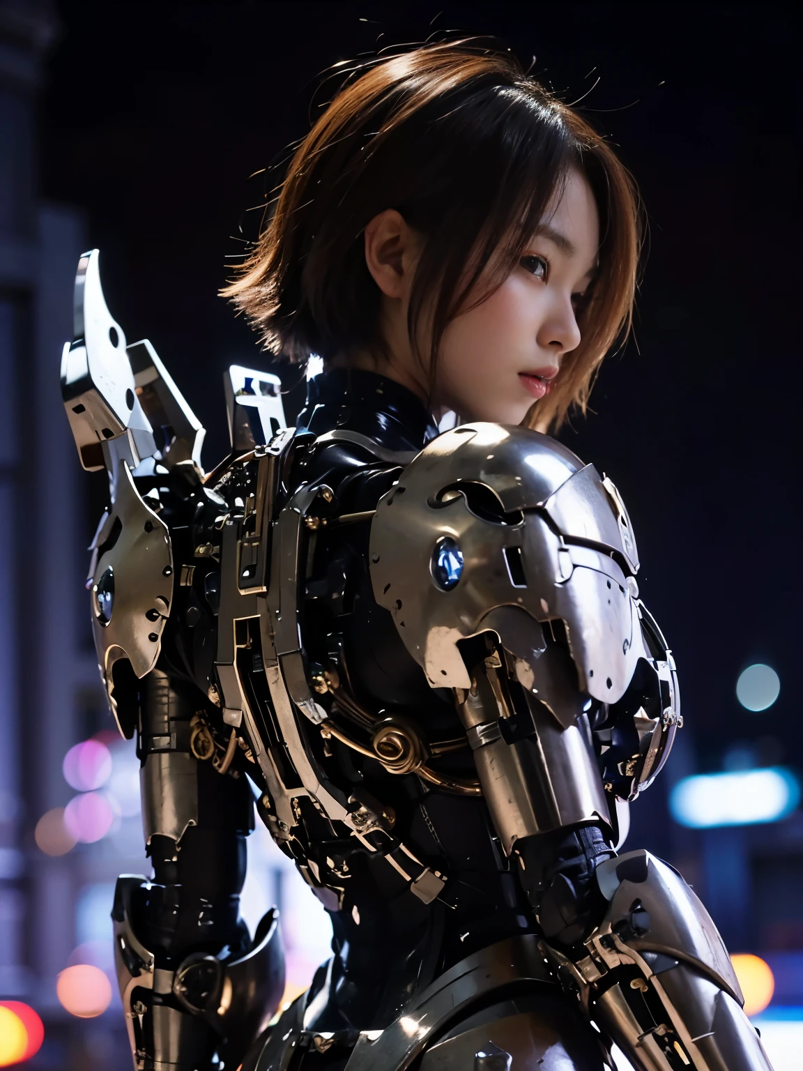 (masterpiece、highest quality、Realistic photos)、A very cute Japanese woman、(Brown skin:1.4)、A complex copper and brass mechanical armor with a skull motif.、Bat Wings、White tone、Blue accents、foot、Extremely intricate details、Posing on the medieval castle walls at sunset、Full Body Shot、Minimum 4 or more generated
