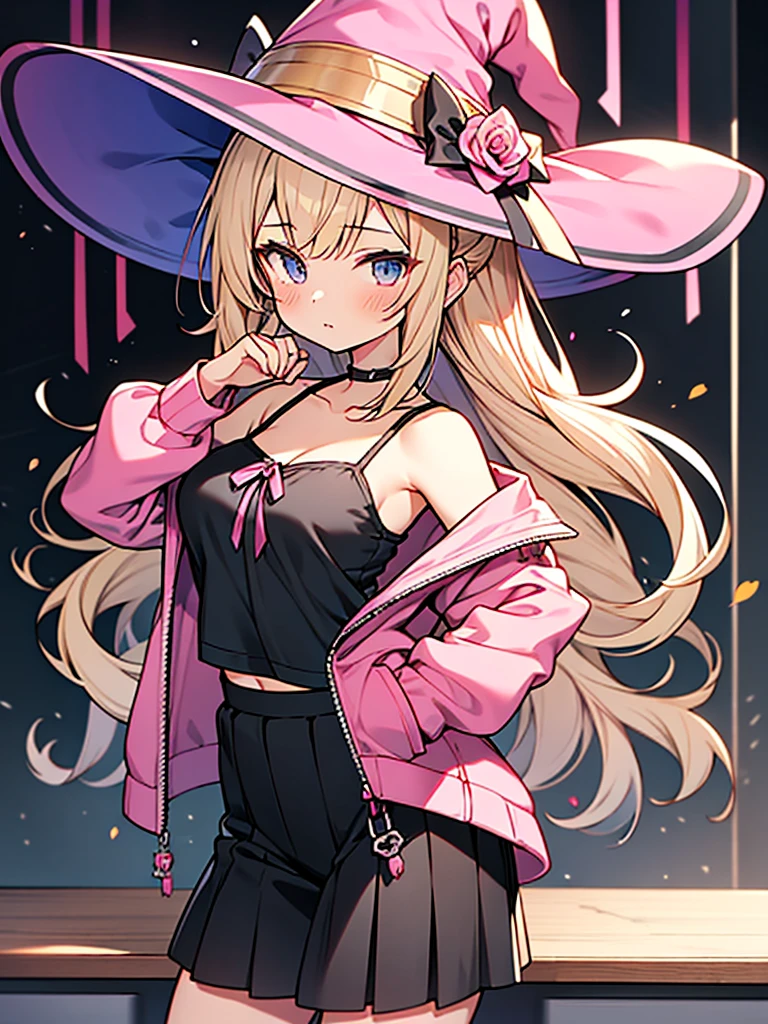 anime style,13years old girl,pink Jacket,black camisole with pink ribbon,pink_witch_hat with pink rose accessories,black skirt with pink frill,Gyaru-style vertical roll hair,midium breasts,class room,