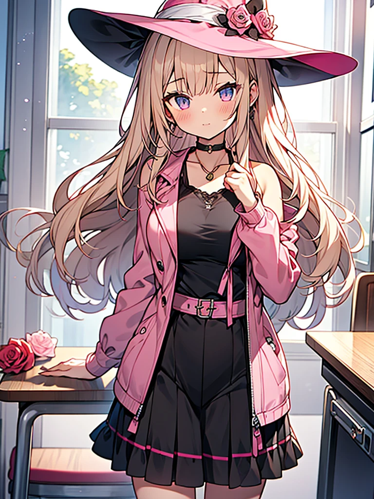 anime style, girl,pink Jacket,black camisole with pink ribbon,pink_witch_hat with pink rose accessories,black skirt with pink frill,Gyaru-style vertical roll hair,midium breasts,class room,