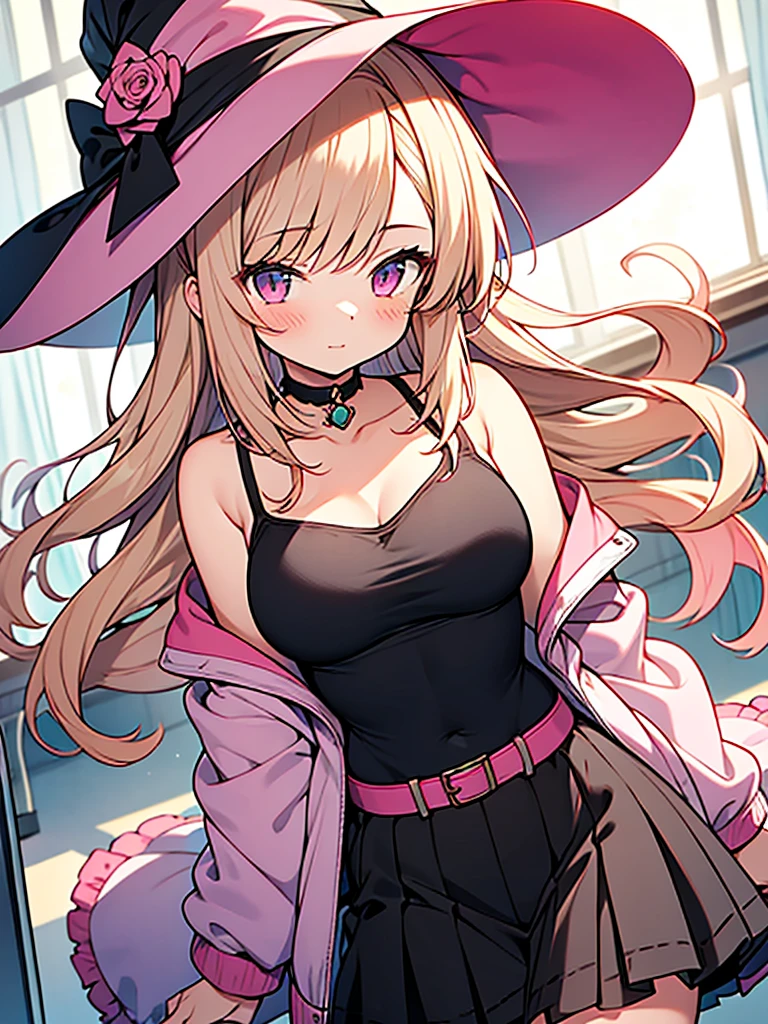 anime style,13years old girl,pink Jacket,black camisole with pink ribbon,pink_witch_hat with pink rose accessories,black skirt with pink frill,Gyaru-style vertical roll hair,midium breasts,class room,