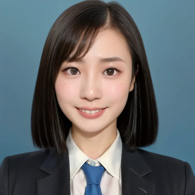 (kawaii 24 year-old Japanese girl, Nogizaka idol, Korean idol), (glossy hair, very short hair, forehead:1.3), (beautiful black eyes, rounded face, single eyelid, no makeup, laughing, even whitened teeth:1.2), (wearing suit jacket, collared shirt, necktie:1.3), (extra small breasts:0.9), (looking at camera:1.3), BREAK, (simple blue background, studio lighting:1.3), (view from forward, bust shot:1.3), BREAK, (masterpiece, best quality, photo realistic, official art:1.4), (UHD, 8K quality wallpaper, high resolution, raw photo, golden ratio:1.3), (shiny skin), professional lighting, physically based rendering, award winning, (highly detailed skin, extremely detailed face and eyes), Carl Zeiss 85 mm F/1.4, depth of field, 1girl, solo,