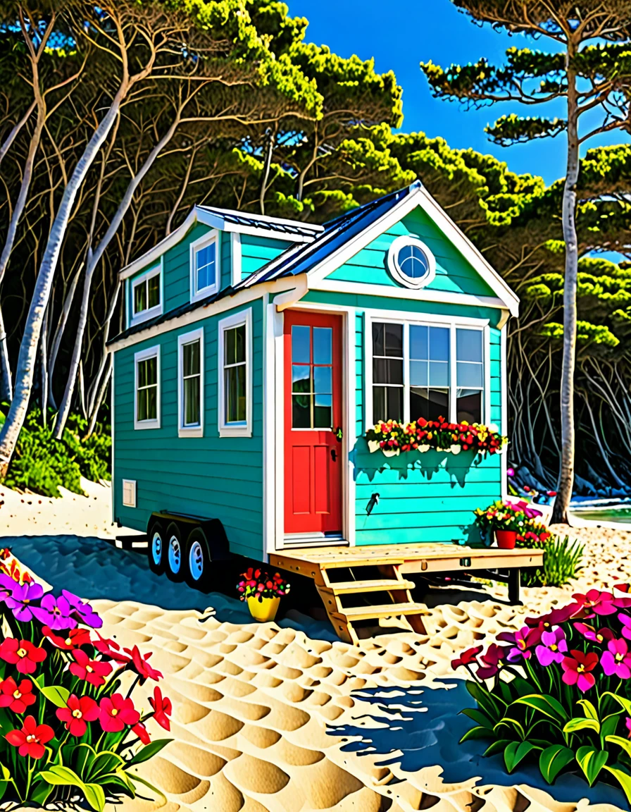 Tiny house at beach, there are some colorful flowers