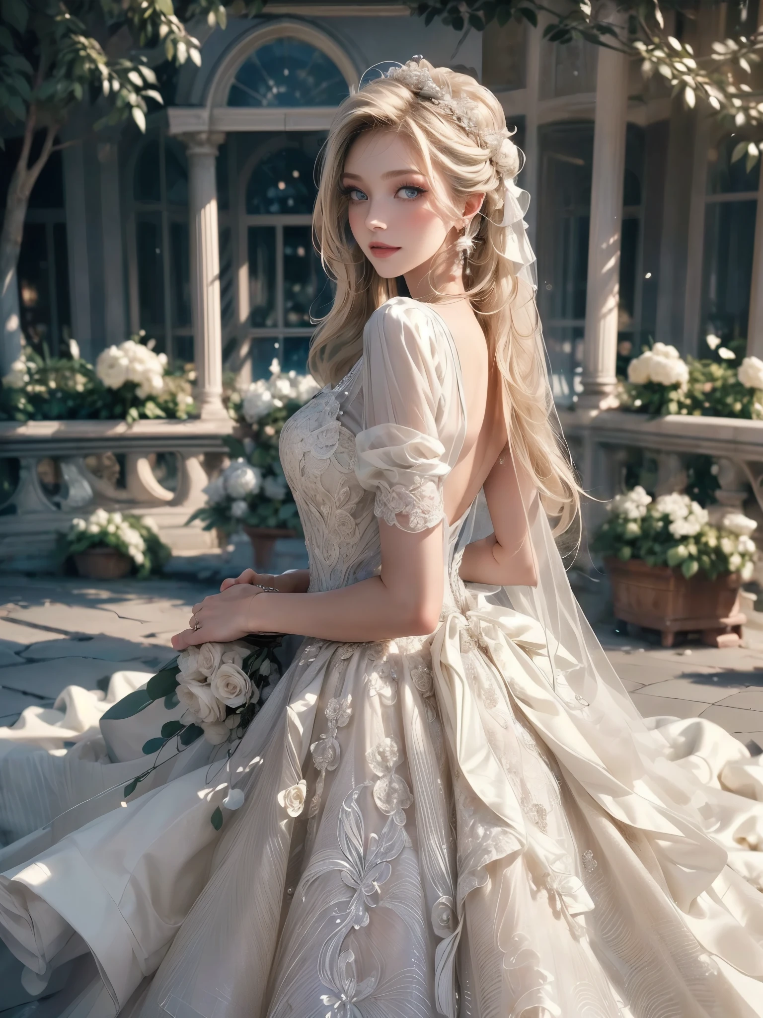(masterpiece, best quality, beautiful and aesthetic:1.3), look back, looking at viewer, 1girl, solo, light smile, (makeup, long hair, light beige hair, blue eyes:1.2), Octane Render, bridal veil, lace-trimmed dress, see-through, wedding dress, outdoors, white roses, garden, morning, standing, extreme detailed,