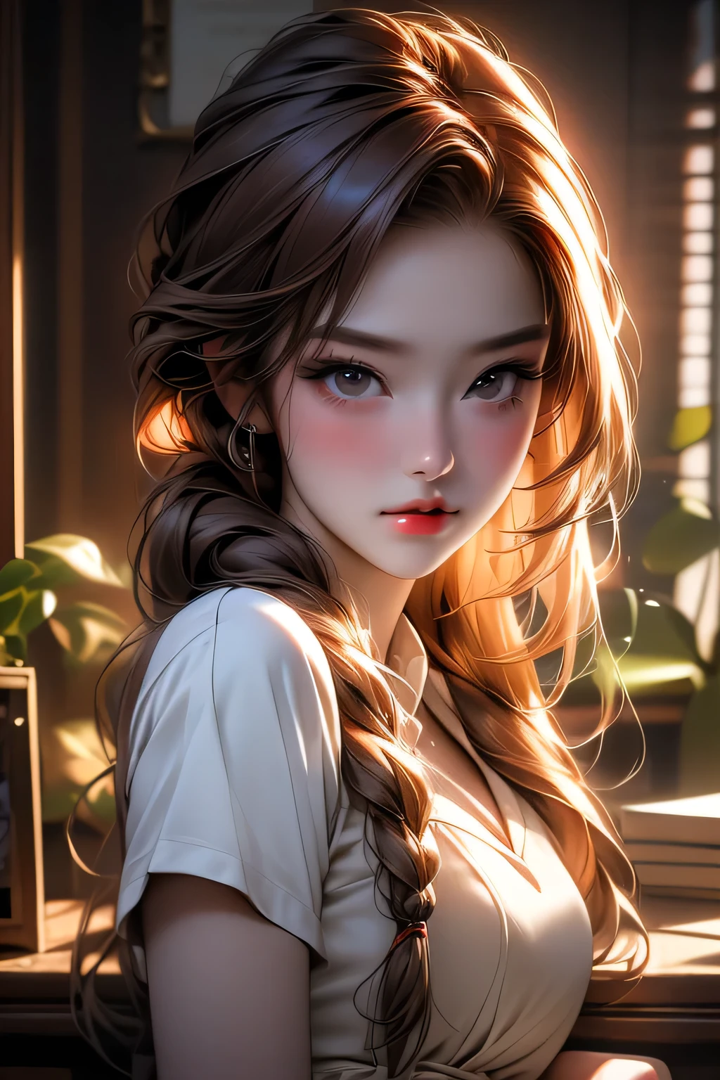 Portrait of a beautiful 18 year old girl, Redhead, Gorgeous Chinese, Wearing a cotton garter set, At the entrance, (dark private office, Dark and gloomy light: 1.2), masterpiece, 最high quality, high quality, High resolution,, Braided hair、