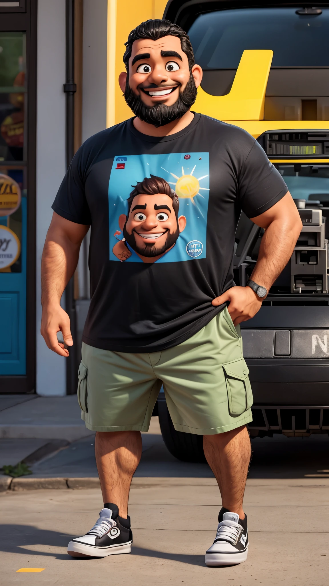ilustracao de homem gordinho sorrindo com barba latino estilo pixar, t-shirt black, barba de lenhador , capacitor de fluxo, bermuda camuflada , usando tenis da vans, Da frente, Metade do comprimento, delorean no fundo