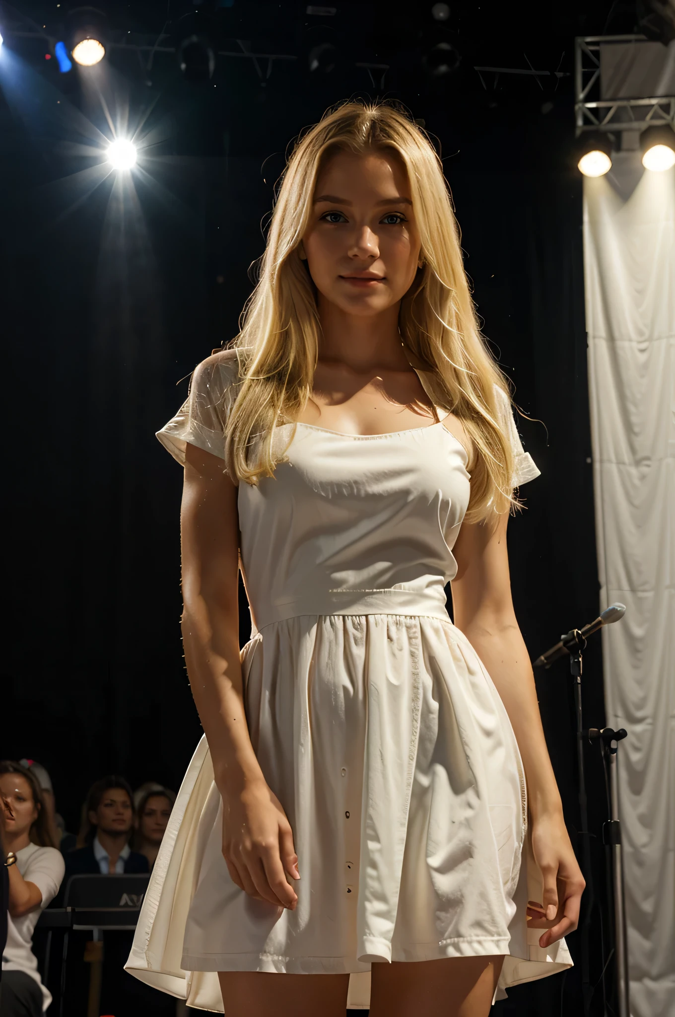 A beautiful blonde girl stands in a dress near the stage