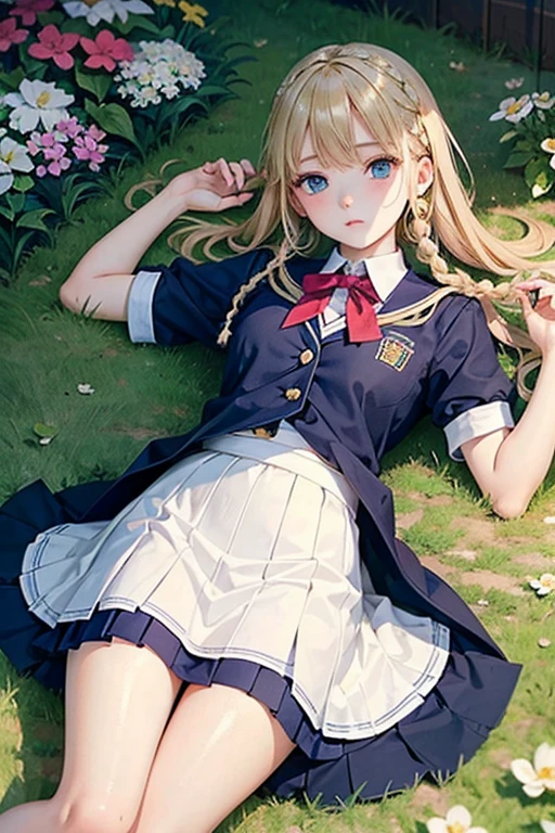 masterpiece, highest quality, High resolution, 14-year-old girl、blue eyes、
blonde, Braiding、uniform, White shirt, Check skirt, White panties、garden、Lying on the grass