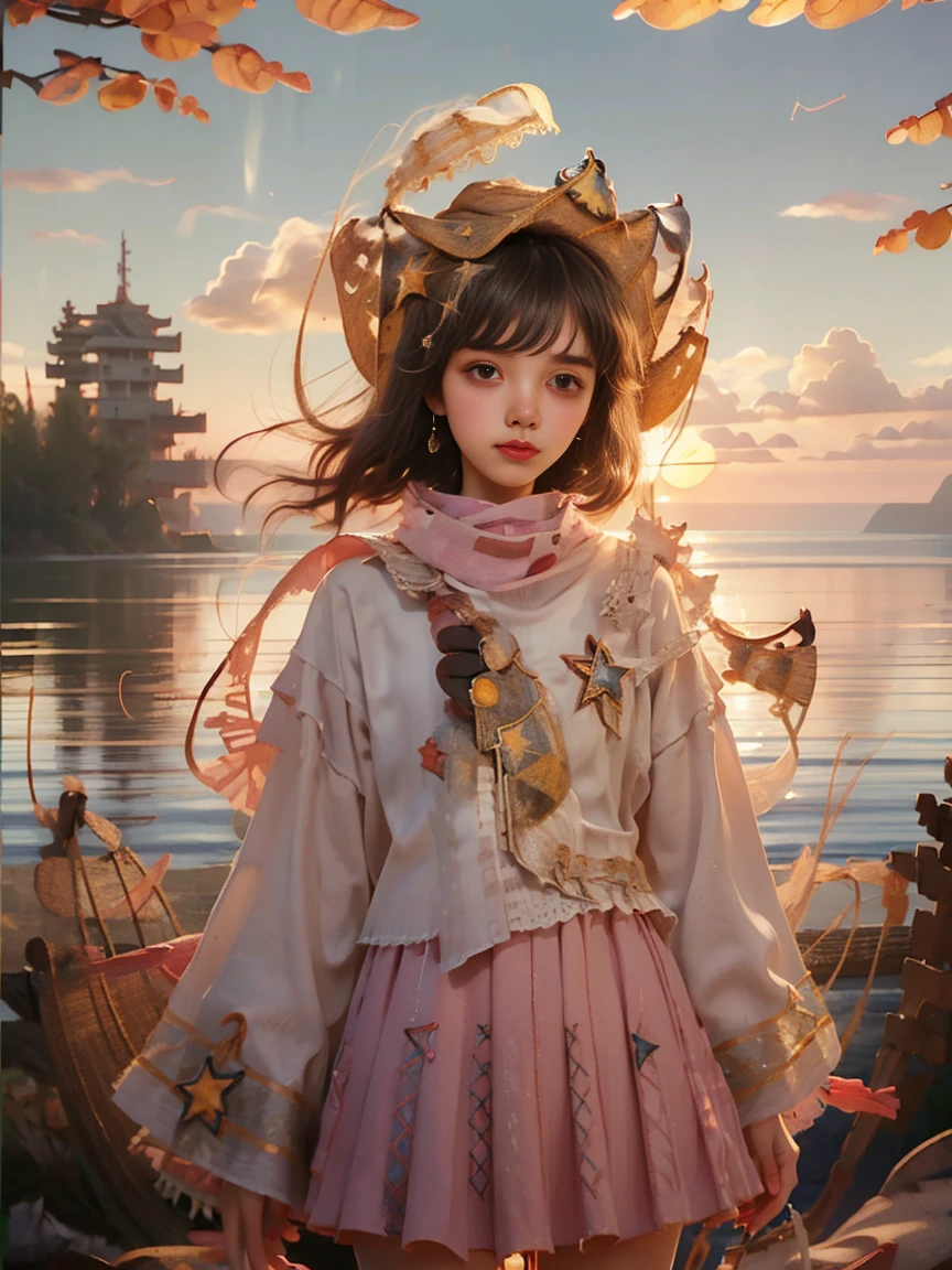 (Vision)，(panoramic:1.5)，(Wide-angle shooting:1.3)，1girl, beauty, Short brown hair，Beautiful eyes，The background is the pink sea under the sunset，****ta style，Second Dimension，Masterpiece，High quality and high resolution，comics，Small fresh, (cowboy shot:1.8), UHD, retina, ccurate, anatomically correct, textured skin, super detail, award winning, best quality, 8k