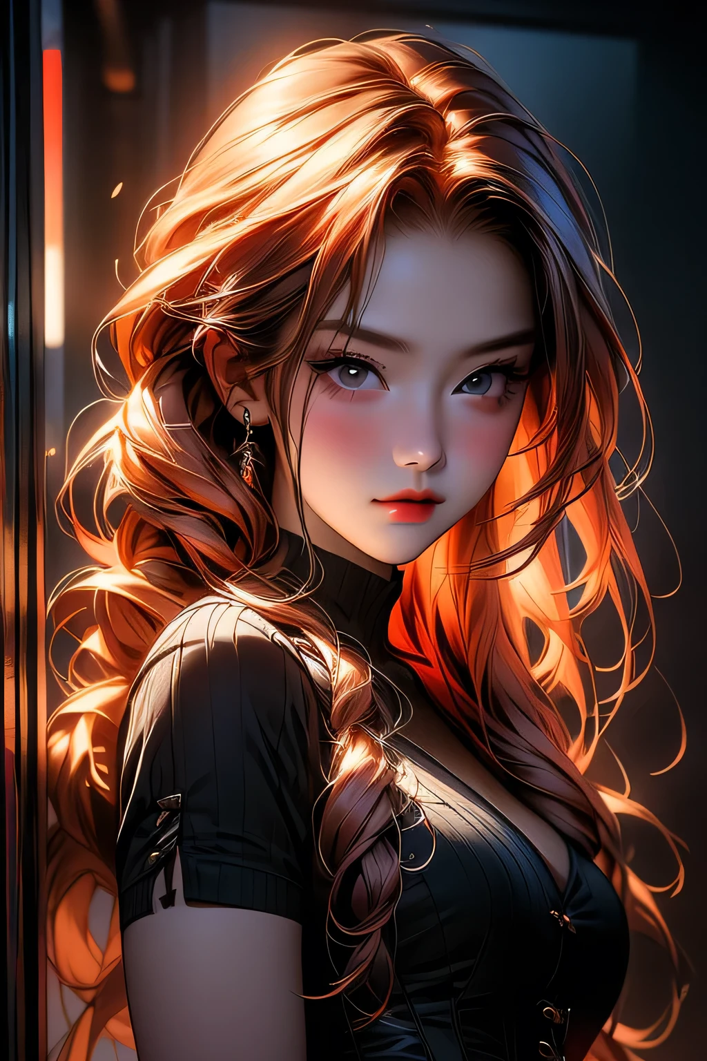 Portrait of a beautiful 18 year old girl, Redhead, Gorgeous Chinese, Wearing a cotton corset, At the entrance, (dark private office, Dark and gloomy light: 1.2), masterpiece, 最high quality, high quality, High resolution,, Braided hair、