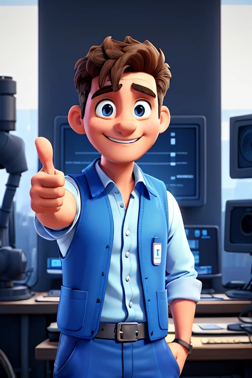 happy person who works in the industrial automation sector, he wears a blue vest, with a symbol written Mondial. He is an operator and is doing an electrostatic test. He passes by and makes a thumbs up gesture with his fingers
