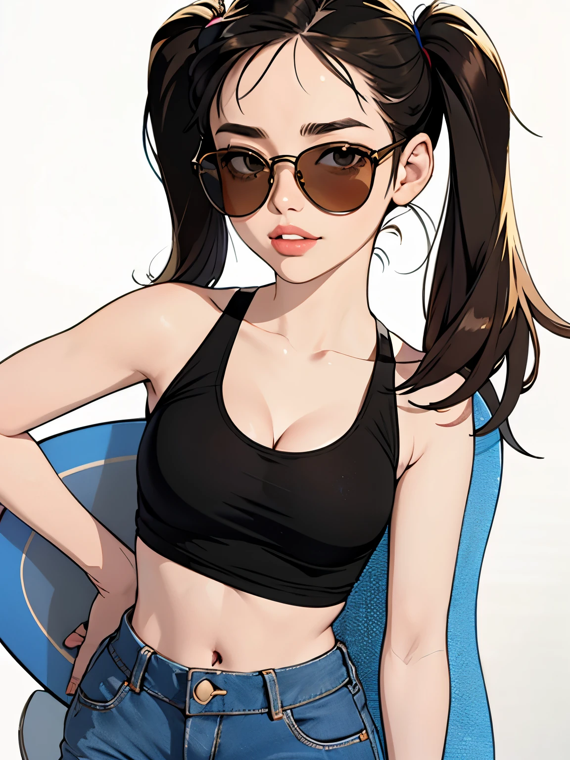 Flat colors, close up, portrait of a 25 year old surfer looking girl, pale skin, young woman,full lips, symmetrical face, combination of (Korean:1.1), (Jennifer Connelly:0.8), (Ana de Armas:0.9), brunette natural beaty, beautiful, casual, pigtails,bandana, tank, tattoo, shorts and sunglasses,portrait, playful, smirking, movie poster style, standing Cleavage simply white background