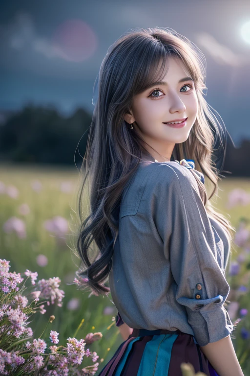 masterpiece, highest quality, One girl, (colorful),(Beautifully detailed eyes and face),cinematic Lighting,Bust Shot,Highly detailed CG Unity 8k wallpaper,Gray Hair,alone,smile,Complex skirt,((Flying petals)),(Flowery meadow) null, cloudy_null, building, moonLight, moon, night, (Dark Theme:1.3), Light, Fantasy,