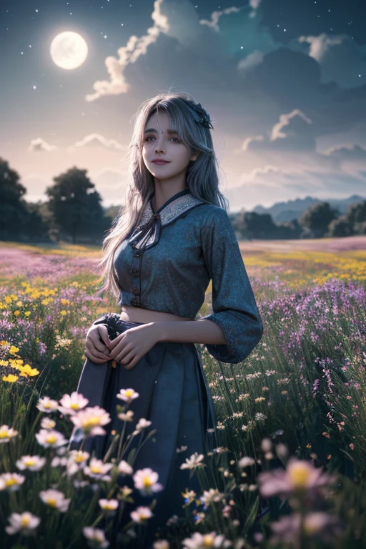 masterpiece, highest quality, One girl, (colorful),(Beautifully detailed eyes and face),cinematic Lighting,Bust Shot,Highly detailed CG Unity 8k wallpaper,Gray Hair,alone,smile,Complex skirt,((Flying petals)),(Flowery meadow) null, cloudy_null, building, moonLight, moon, night, (Dark Theme:1.3), Light, Fantasy,