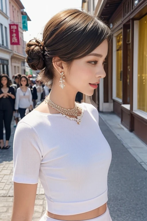 highest quality, Very detailed, masterpiece, 1 person,woman,(((完璧なwomanの体))),Very beautiful face, Very beautiful body,Gentle expression, Very beautiful eyes,(Perfect Makeup:1.1),Fashion Model,Short Bob Hair,Shaggy Hair,Hair Bun,Chestnut Hair:1.3, Very thin body,Smart Abs,Striped blouse,Cotton Long Skirt,necklace,anklet,Elegant pumps,A kind smile,Upper body portrait,(Shopping street background:1.3), (Shiny skin),(Earrings),profile,