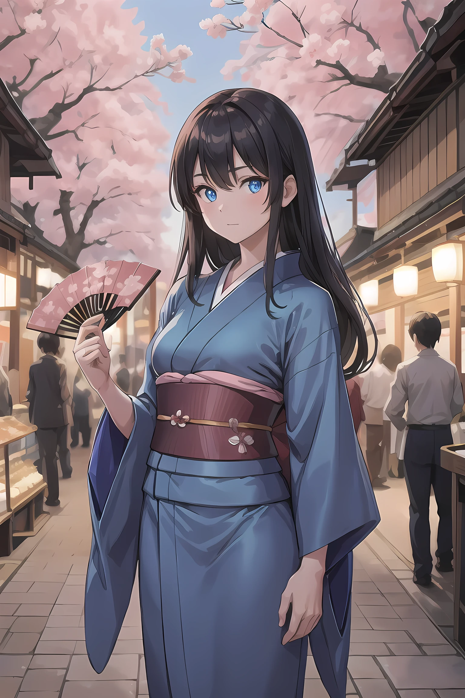 ourglass body,athletic body,long dark hair,kimono,glowing blue eyes,standing in a market,in a japanese city,sakura trees,holding a fan