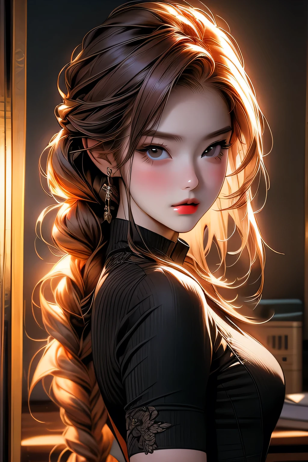 Portrait of a beautiful 18 year old girl, Redhead, Gorgeous Chinese, Wearing a cotton corset, At the entrance, (dark private office, Dark and gloomy light: 1.2), masterpiece, 最high quality, high quality, High resolution,, Braided hair、