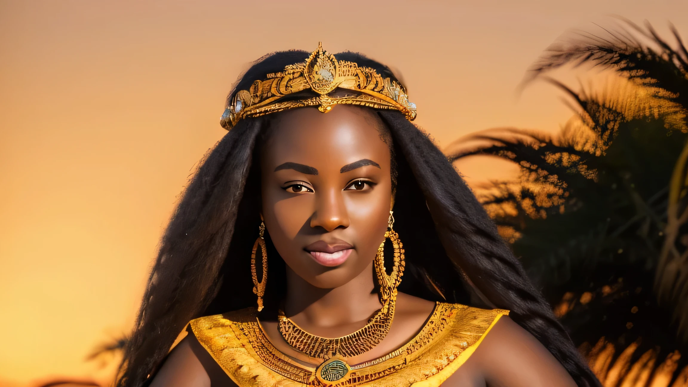 (African princess), realistic portrait, rich colors, royal attire, detailed facial features, beautiful dark skin, long flowing hair, confident expression, ornate jewelry, natural scenery, African savannah, vibrant sunset, soft golden light, regal pose, traditional patterns, noble heritage, artistic masterpiece, high resolution, ultra-fine painting