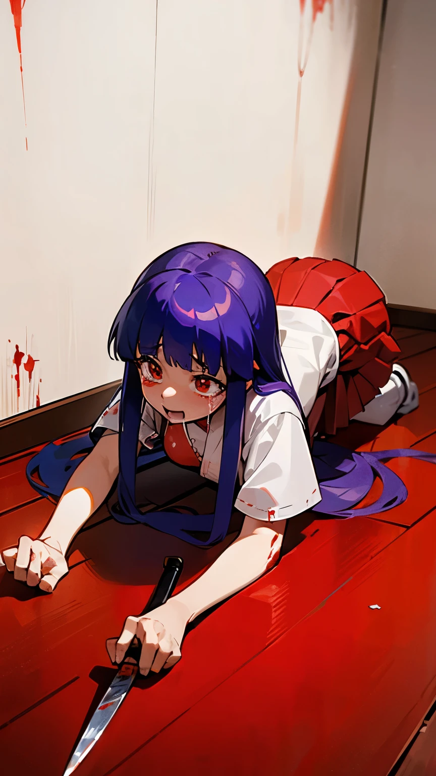 Furude rika crazy girl crazy  socks older long hair shrine maiden red hakamo red skirt  breasts white shirt. stabbed blood knife crying blood on walls, wooden floor blood on ground, blood on walls lots of red liquid spilled on floor. red water on ground