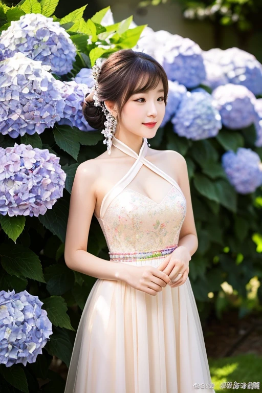 (masterpiece), highest quality, High resolution, Very detailed, character close, Chinese style white beautiful dress, Chinese elegant dress, Exquisite detail, Beautiful and elegant Chinese dress, Colorful and shiny, The dress floats, Elevation, Natural closure (close), Require, Warm colors like sunlight Focus Personal warm, Champagne, Details are highlighted, Super long ribbon, Open, whole body, Many detailed elements, Pink petals, Sunlight on the skin, wonderful, hairpin, Hydrangea, Private room.