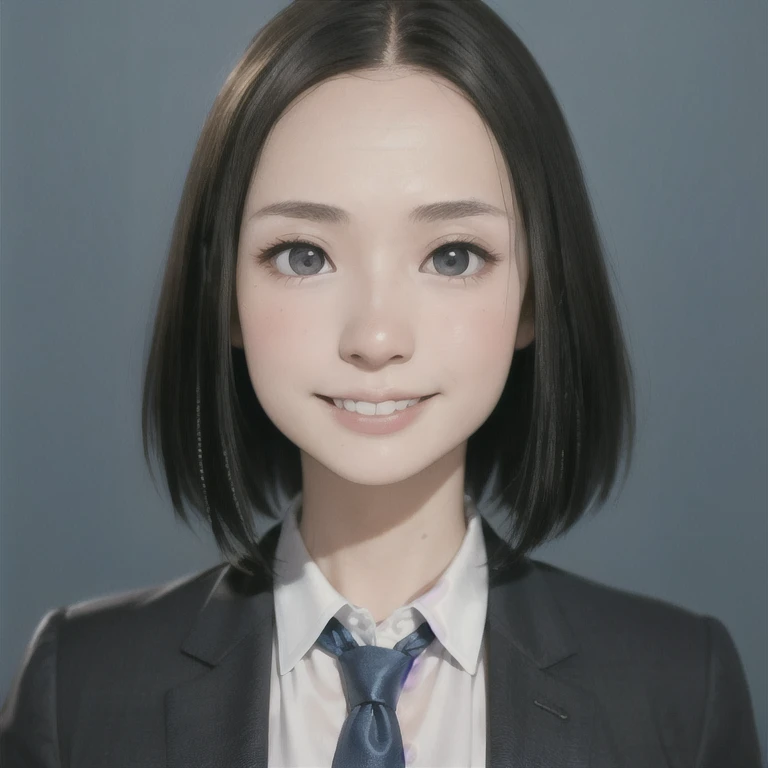 (kawaii 24 year-old Japanese girl, Nogizaka idol, Korean idol), (glossy hair, very short hair, forehead:1.3), (beautiful black eyes, rounded face, single eyelid, no makeup, laughing, even whitened teeth:1.2), (wearing suit jacket, collared shirt, necktie:1.3), (extra small breasts:0.9), (looking at camera:1.3), BREAK, (simple blue background, studio lighting:1.3), (view from forward, bust shot:1.3), BREAK, (masterpiece, best quality, photo realistic, official art:1.4), (UHD, 8K quality wallpaper, high resolution, raw photo, golden ratio:1.3), (shiny skin), professional lighting, physically based rendering, award winning, (highly detailed skin, extremely detailed face and eyes), Carl Zeiss 85 mm F/1.4, depth of field, 1girl, solo,