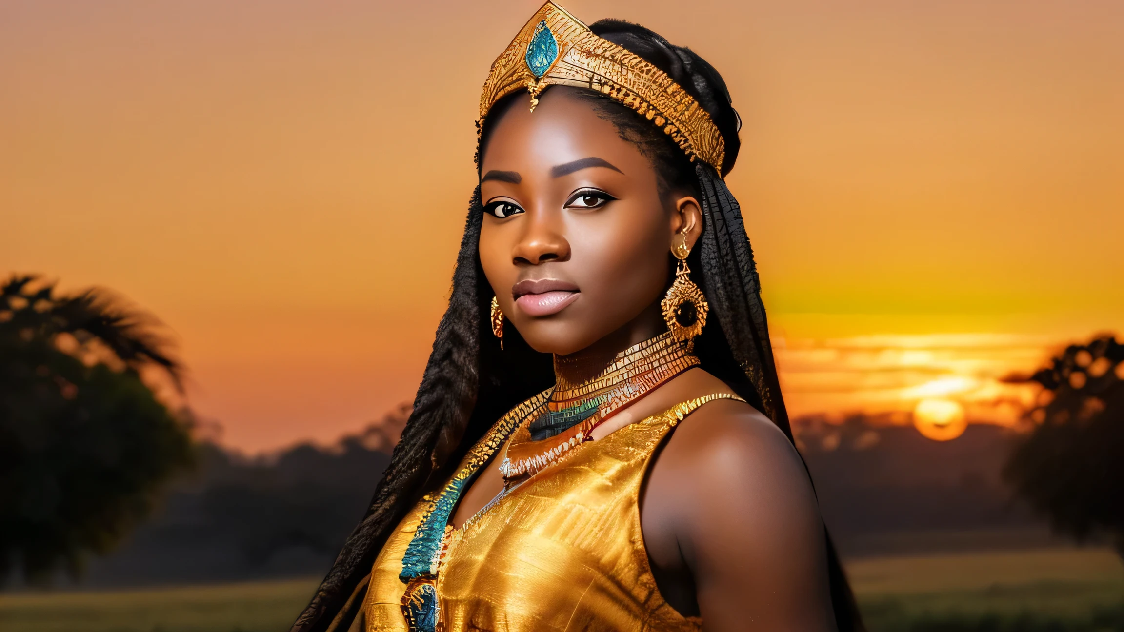 (African princess), realistic portrait, rich colors, royal attire, detailed facial features, beautiful dark skin, long flowing hair, confident expression, ornate jewelry, natural scenery, African savannah, vibrant sunset, soft golden light, regal pose, traditional patterns, noble heritage, artistic masterpiece, high resolution, ultra-fine painting