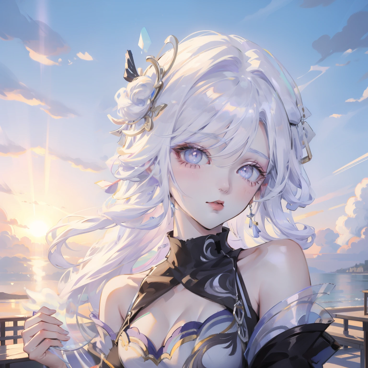 masterpiece,((Clear lines)),  limited color palette,best quality, Flat Color, Low contrast, ((1 Girl)),(((Very beautiful girl))),(Beautiful and delicate face),(Beautiful and delicate eyes),{Long hair},Hair accessories,((Medium Breast)),黑色Long hair,Headband,Uniforms , permanent,((Looking at the audience:1.6)), view from below,Beautiful and detailed sky,Bright sky,partly cloudy,Sunlight, (详细light),light,rich and colorful,ocean,beach, bridge,The way to school,Skyscraper, autumn, haze