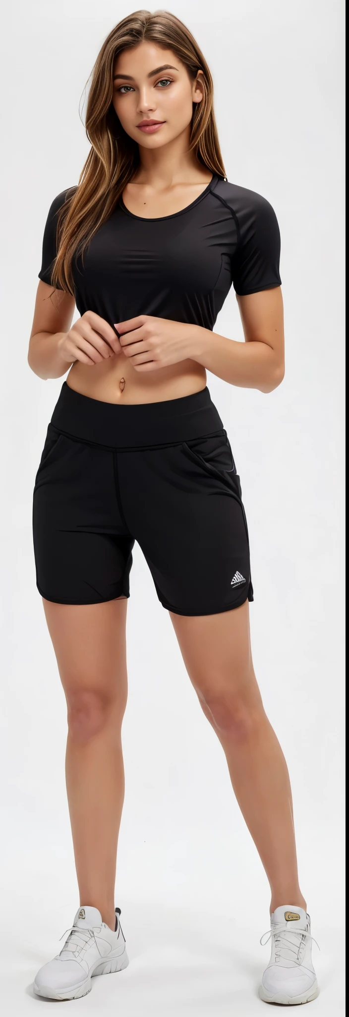 uma mulher de top preto e shorts posando para uma foto, Corte Yoga Curto, shorts pretos, shorts pretos de , wearing shorts pretos, Athletic shorts, pernas tonificadas, sexy shorts pretos, In shorts, shorts de meninots esportivos, mulher baixa e robusta, coxas focus, coxas, blusa preta justa e shorts, shorts de saque, visible legs, pernas grossas