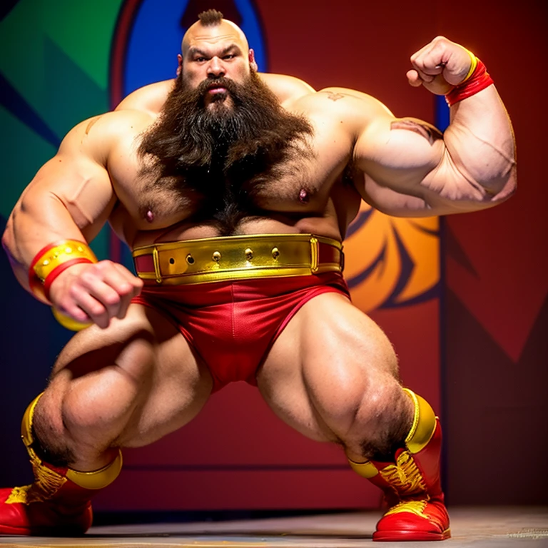 zangief,a man with a beard and a golden belt, fighting game character, street fighter 5,muscled humanoid,heavy looking,buff man,wrestler,Red short briefs,capcom,street fighter,shirtless,muscular male,chest hair,visually weighty,bearded man,mohawk hair,no wristband,Red Wrestling Boots((best quality)), ((masterpiece)), (detailed), perfect face