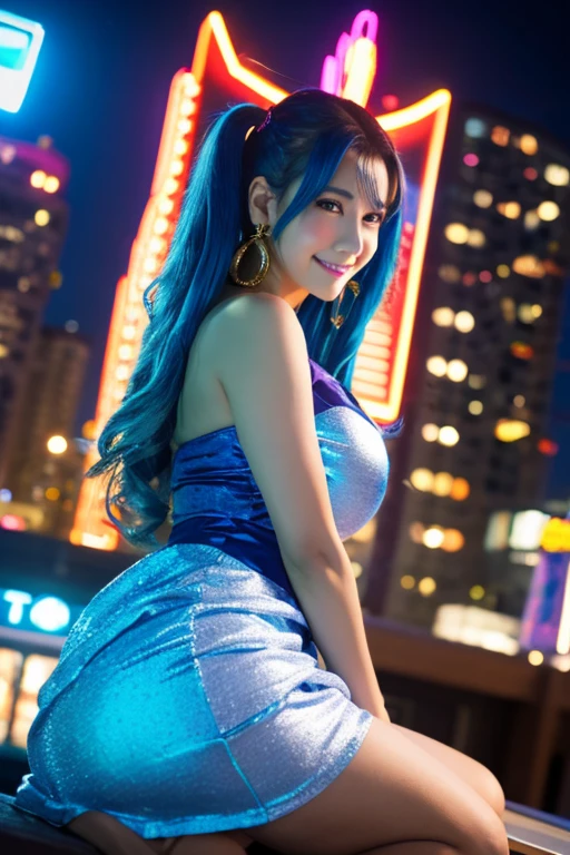 (masterpiece, highest quality;1.3), Very detailed ,Super detailed,  One girl,alone,  Twin tails,  Large Breasts, Wicked Smile, Gundam(rx78), SF, Mecha, , Blue Hair, alone, hair ornaments, Long Hair, Twin tails, Golden Eyes, jewelry, Earrings, View your viewers,Shinjuku City Background,night, Lots of neon signs, Moon base, Detailed dress, Micro Mini Skirt,  From below, Sitting,, Bust Shot,