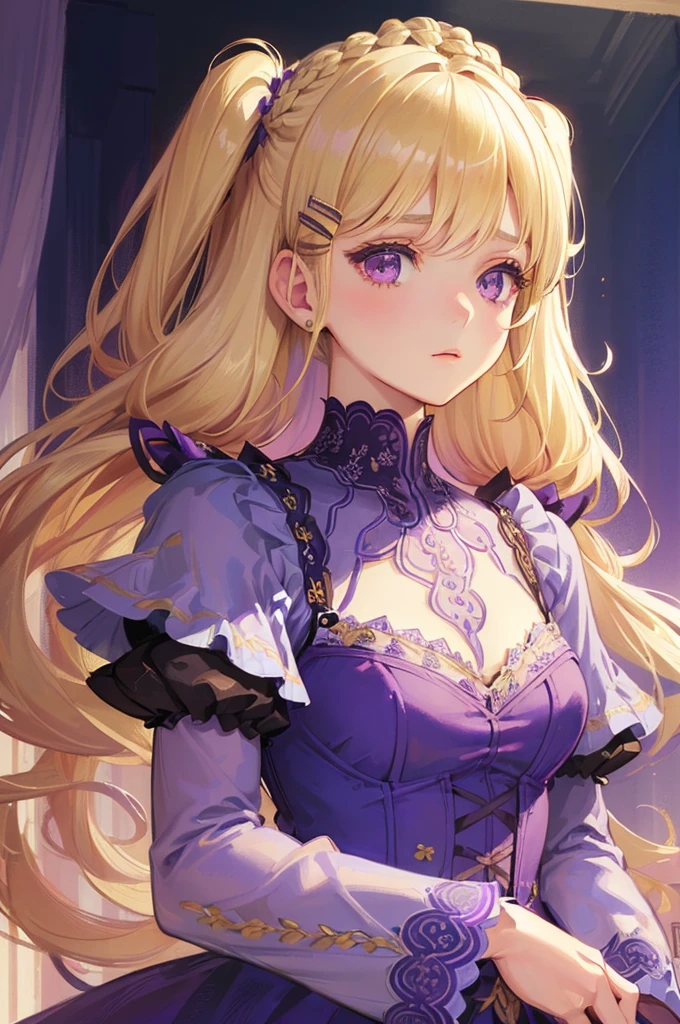 art by Cornflower,top-quality,masuter piece,Delicately drawn face,girl with a pretty face,beautiful detailed purple eyes,sense of deps,disorganized,catch light, beautiful illustrations,((beautiful blonde,Two Side Up Hairstyles:1.3)),beautiful and delicate flowing hair,purple theme