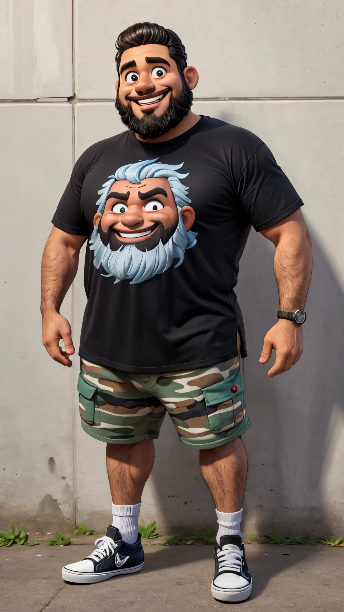 ilustracao de homem gordinho sorrindo com barba latino estilo pixar, t-shirt black, barba de lenhador , capacitor de fluxo, bermuda camuflada , usando tenis da vans, Da frente, Metade do comprimento, delorean no fundo