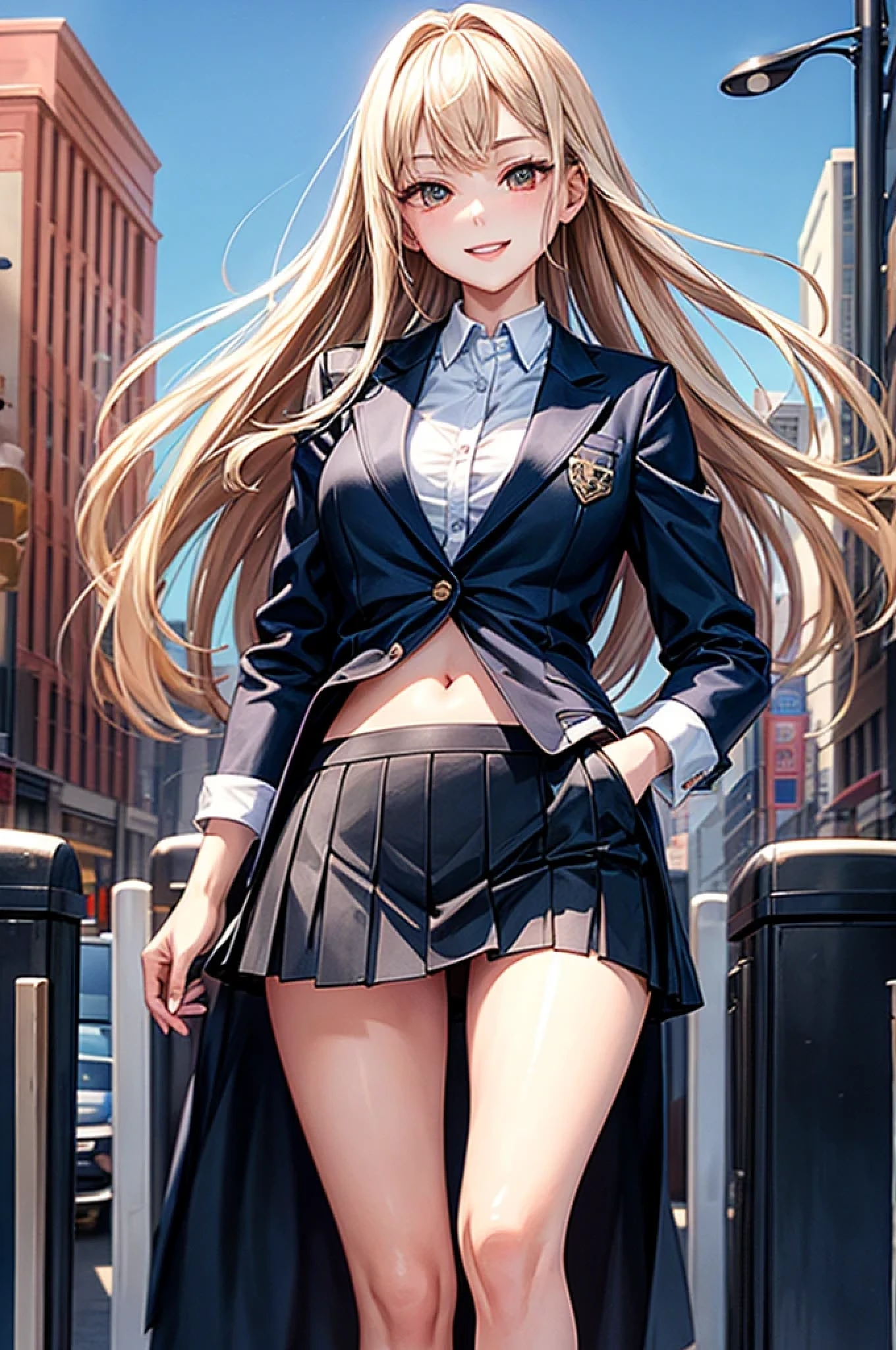 (masterpiece、highest quality),1girl,slender,Beautiful breasts,White skin,Half Up,Captivating smile,mini skirt,blazer,belly button,Thighs,Peace Finger,whole body,Street City,pedestrian crossing