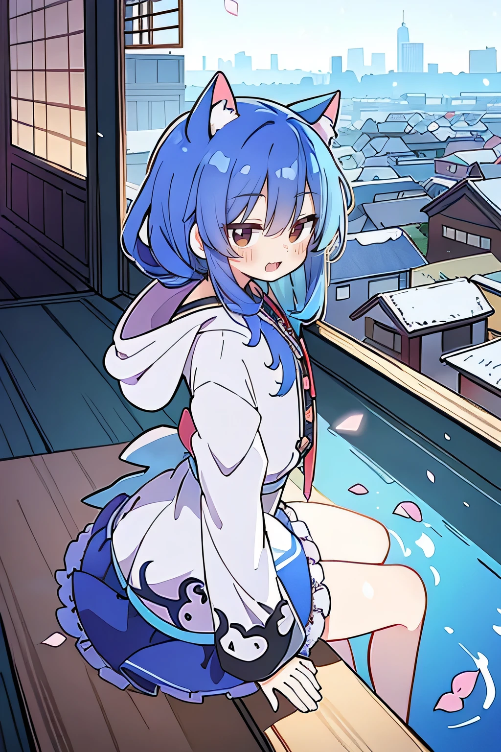 (masterpiece:1.2),Super detailed,lifelike,Expressive eyes,fair skin,perfect face shape,1 girl,
Japanese comics,Gorgeous blue hair,flowing blue hair,flowing clothes,Cat ears,Petals fall,beautiful lola,Baby Angel,
Cross your legs,Gentle and peaceful background,The pavilion is cool and comfortable,smile, wearing hoodie, background of tokyo,back views,snowing, winter.