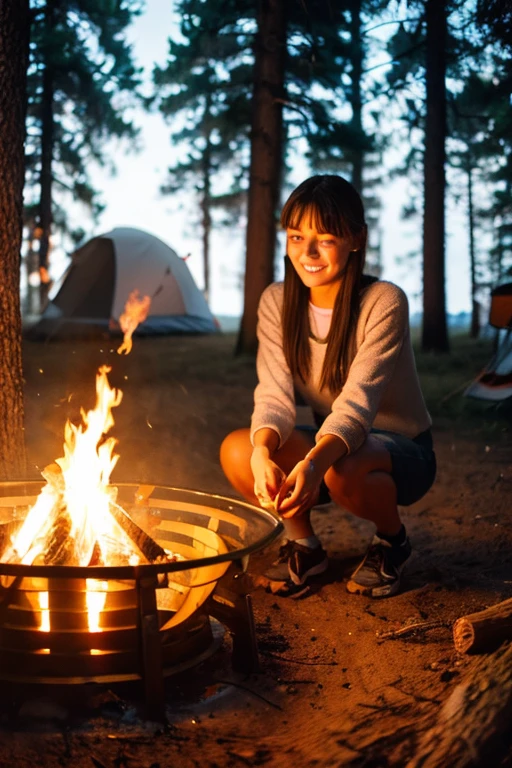 Beautiful girl campsite bonfire 