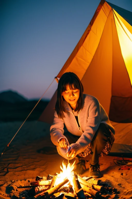 Beautiful girl campsite bonfire 