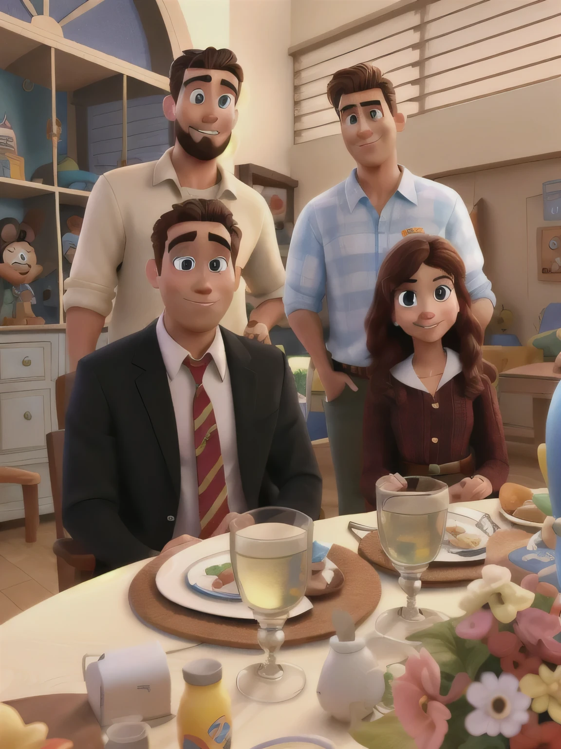 Disney Pixar Family style movie poster in high quality, considerando os dois homens da esquerda morenos, e os dois homens no alto da imagem com barba