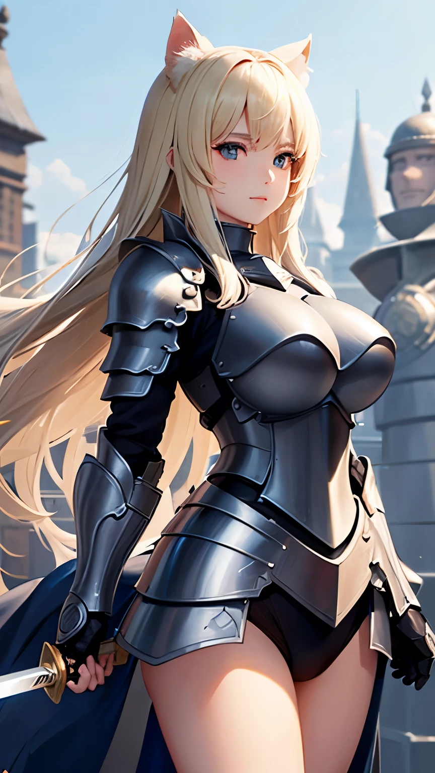(knight)、woman、Big eyes、Double、Soft、大人のwoman、Big Breasts、whole body、(sword)、(armor)、((whole bodyarmor))、Cat ear、Blonde、long hair、(腰にsword)