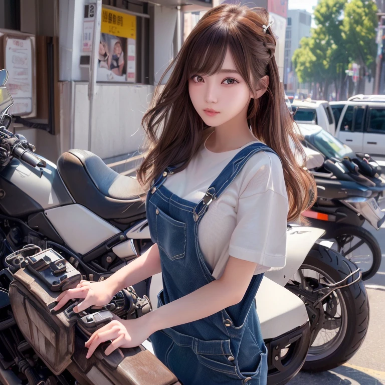 A girl in overalls poses next to a motorcycle in the city, Trending on cgstation, Up to the model | ArtJam, Beautiful girl model, Trending on cgstation, 3D Anime Real, Sexy Girls、Ultra high definition、masterpiece、correct、Anatomically correct、Textured skin、Very detailed、High detail、high quality、最high quality、High resolution、8k、Surrealism、Raw photo、Beautiful Teenage Woman、One Japanese woman、Big beautiful eyeedium chest、(((Erase the shirt))))、(((Wear only overalls)))