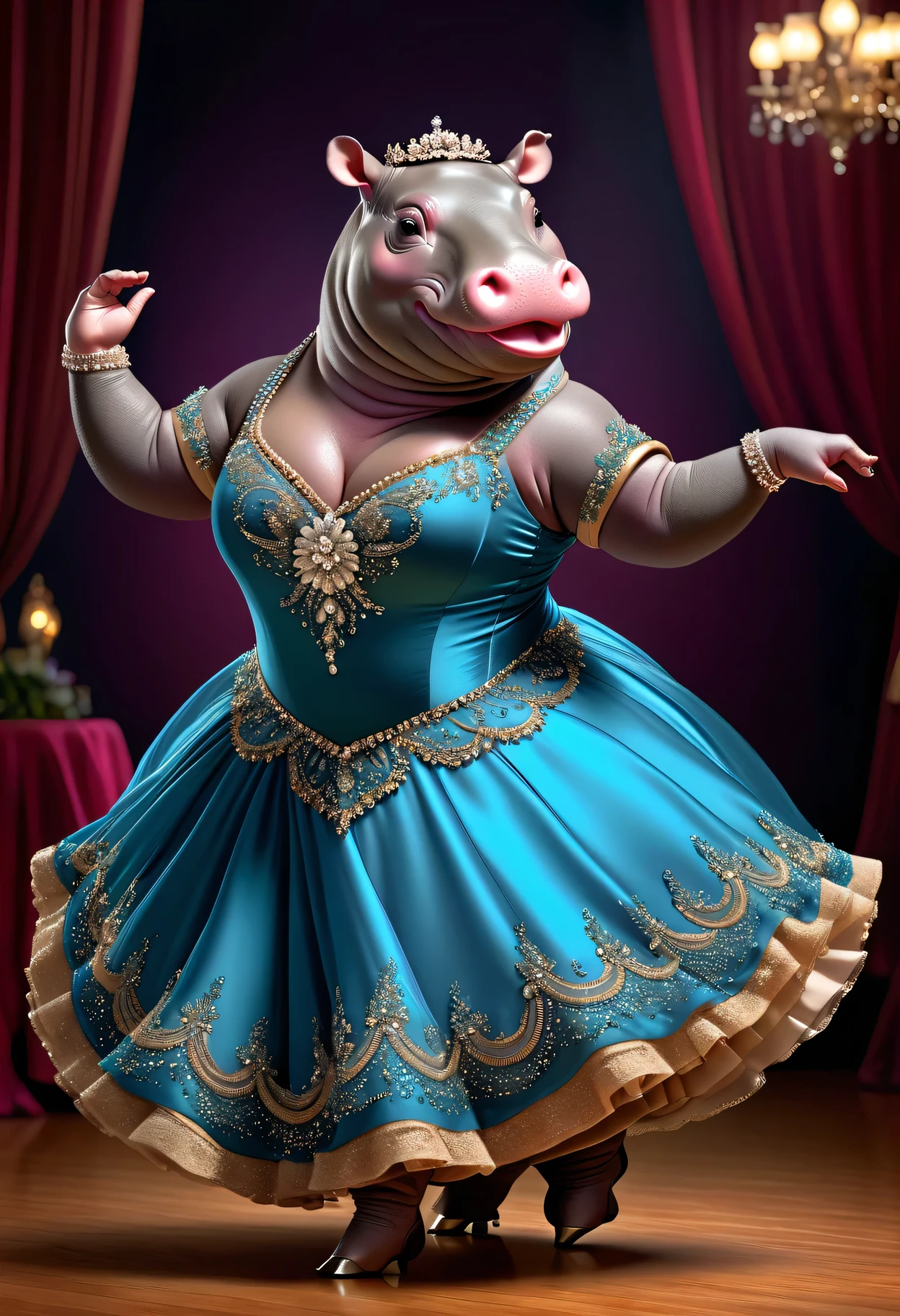 realistic portrait of Dressed animals - a ((fat)) ((hippo)) Ballroom dancer,(dynamic dancing pose:1.5),(smile),(passion), high quality,(lovely) ,intricate details, highly detailed (female ballroom dancer's dress )),, highly detailed decorations of dress ,high heels, (happy), studio lighting,(full body image:2.0)