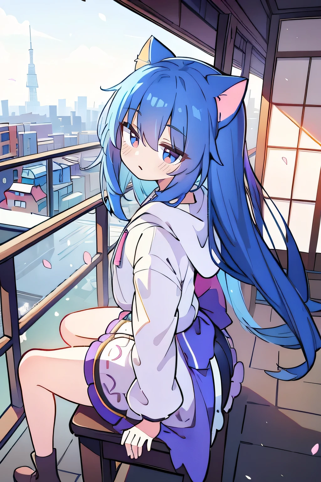 (masterpiece:1.2),Super detailed,lifelike,Expressive eyes,fair skin,perfect face shape,1 girl,
Japanese comics,Gorgeous blue hair,flowing blue hair,flowing clothes,Cat ears,Petals fall,beautiful lola,Baby Angel,
Cross your legs,Gentle and peaceful background,The pavilion is cool and comfortable,smile, wearing hoodie, background of tokyo,back views,snowing, winter.