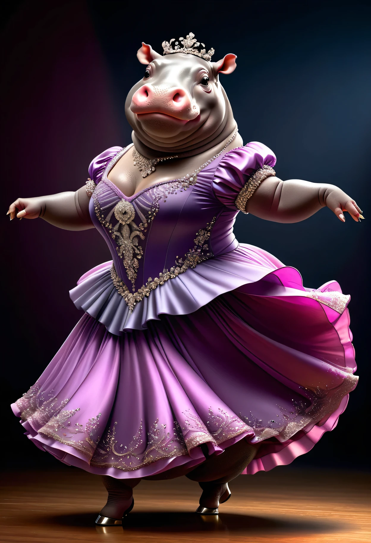 photorealistic portrait of Dressed animals - a ((fat)) ((hippo)) Ballroom dancer,(dynamic dancing pose:1.5),(smile),(passion), high quality,(lovely) ,intricate details, highly detailed (female ballroom dancer's dress )),, highly detailed decorations of dress ,high heels, (happy), studio lighting,(full body image:2.0)