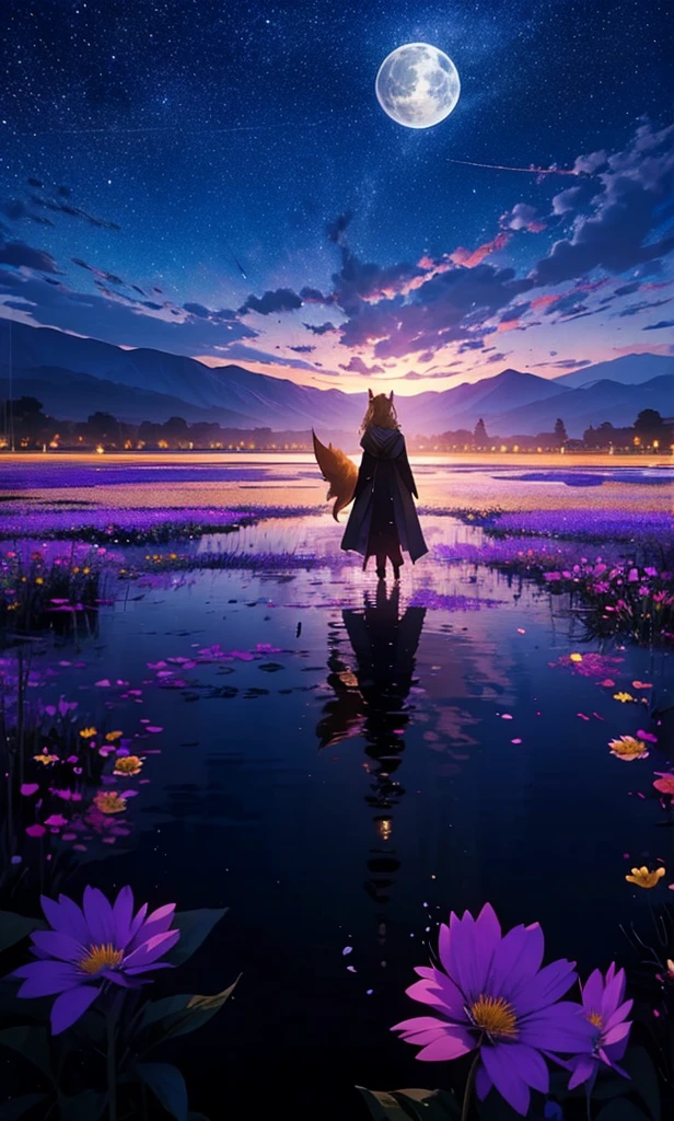 1people々々々々々々々々々々,Woman with medium length blonde hair,Fox Ears,Long coat,Takageta, Dress Silhouette, Rear View,Space Sky, Flower Field,Colorful flowers,Dancing Petals,full moon,shrine,